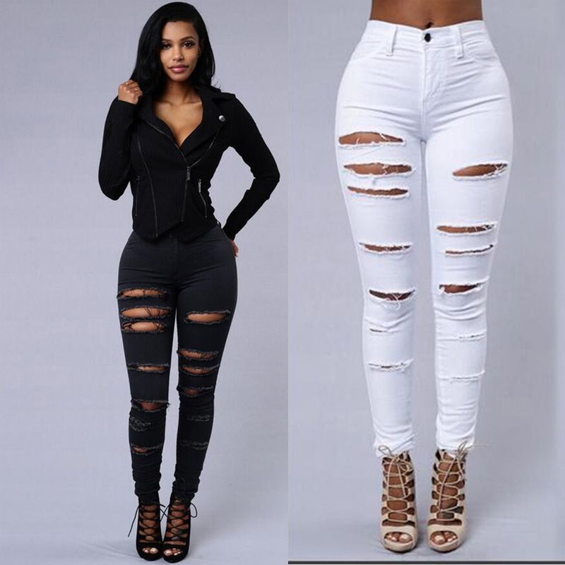 2022 Slim Elastic Hole Ripped Jeans For Women Thin Feet 