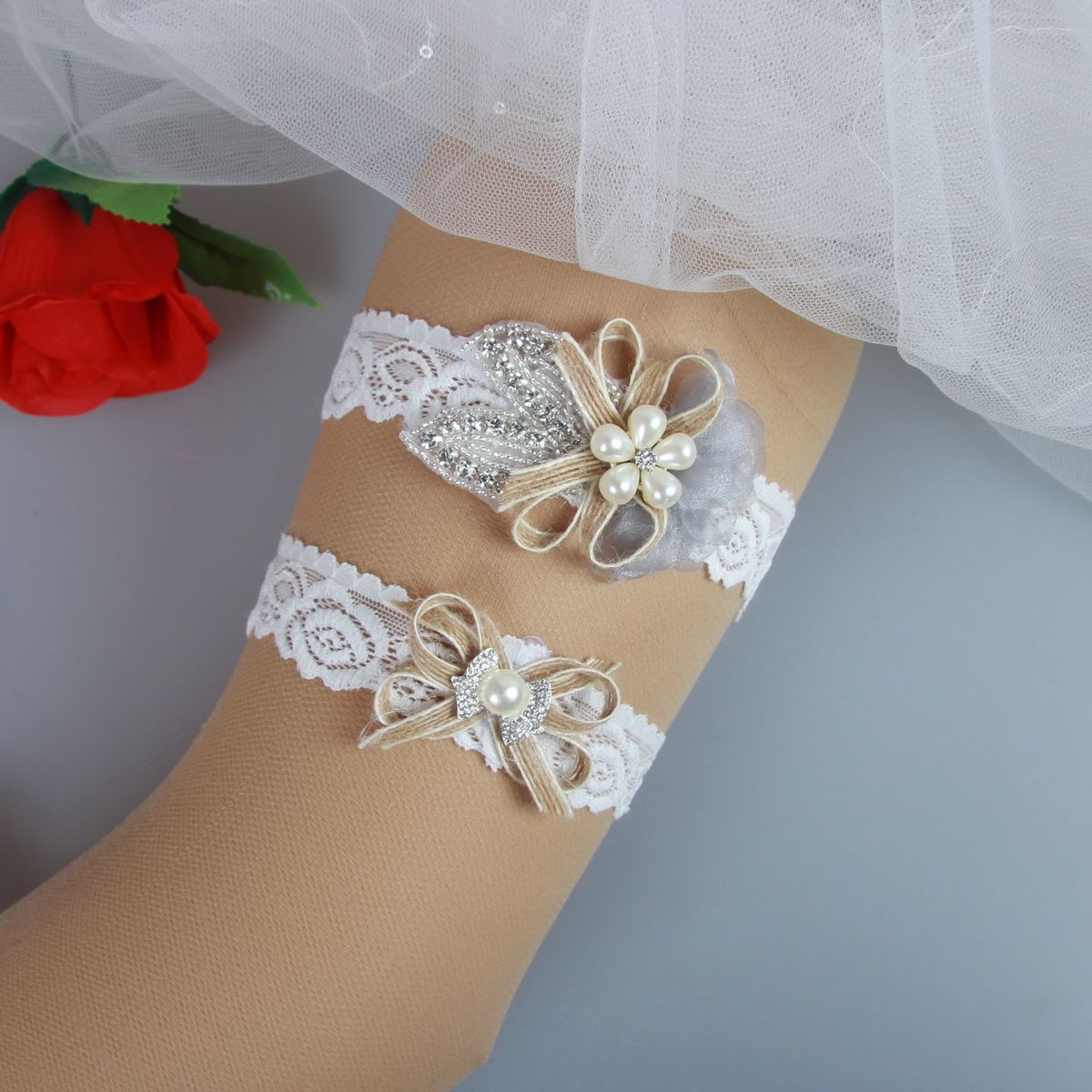 Country Rustic Burlap Lace Wedding Bridal Garter Set Handmade Flower