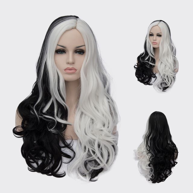 Women Long Wavy Synthetic Black And White Patchwork Colors Cosplay Hair
