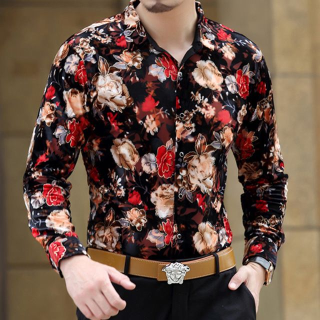 2019 Wholesale 2016 Shirts Flowers Man Silk Shirts Long Sleeve Velvet