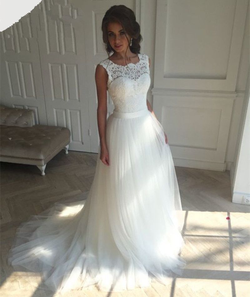 Discount Boat Neck White Cheap Boho Chic Wedding Dress Wedding Gowns ...