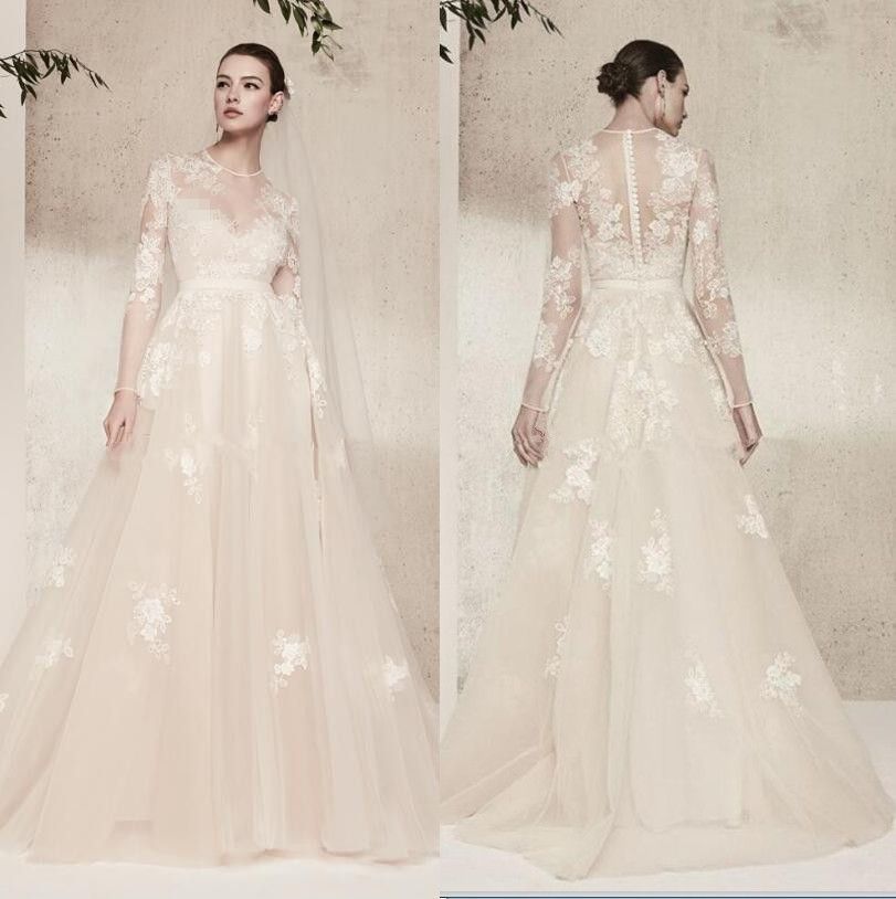 Long Sleeves Elie Saab Cream Lace Wedding Dresses Vintage Illusion