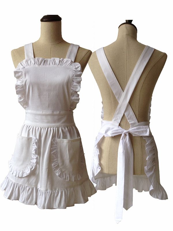 Wholesale Japanese Style Women Elegant White Ruffle Cotton Apron Short