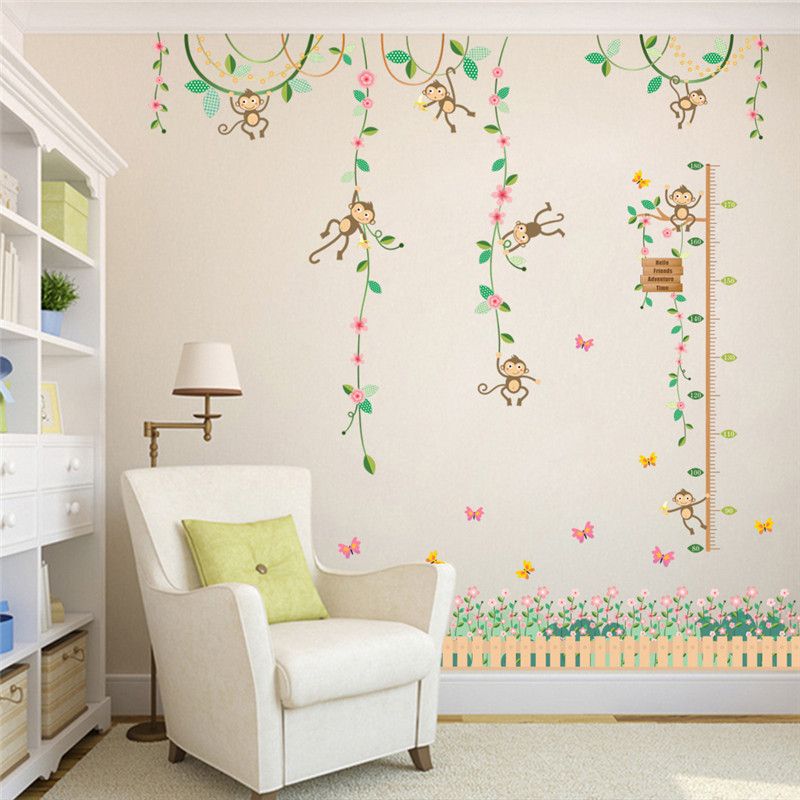 monkeys height measure wall stickers for kids rooms butterfly garden