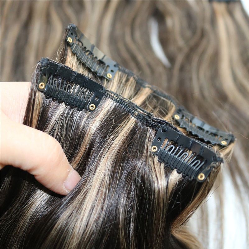 Highlight Clip In Human Hair Extensions Straight Dark Brown With