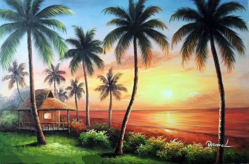 2019 Framed Hawaii Sunset Beach House Shore Pacific Palm Trees,Pure