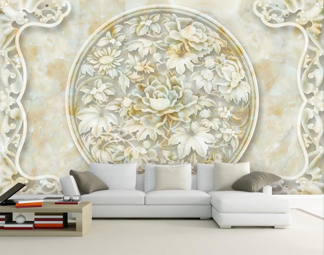 Marble Rich Peony Jade Relief Tv Sofa Front Background Wall Mural