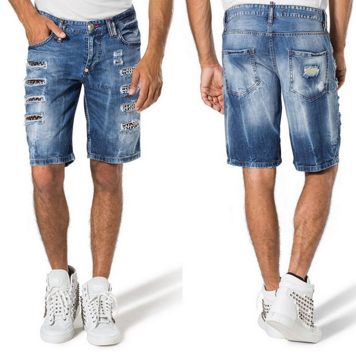 2019 Studs Denim Shorts Mens Luxury Brand Design Damage Wash Fade Blue ...