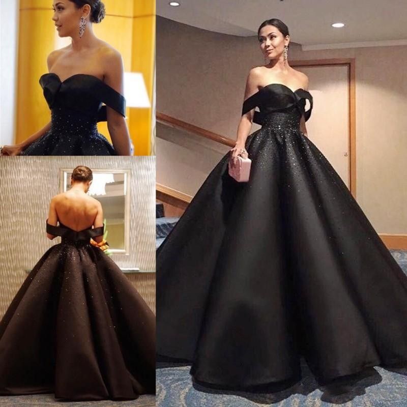 Black Ball Gown Prom Dresses Puffy Off The Shoulder Beads Sequins Girls ...