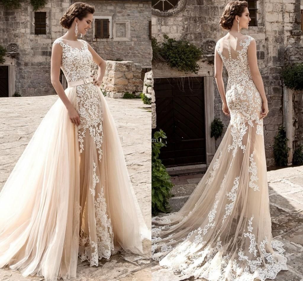 2017 Champagne Over Skirts Mermaid Wedding Dresses Tulle See Through Vintage Lace Appliqued Sash Detachable Train Boho Bridal Wedding Gowns