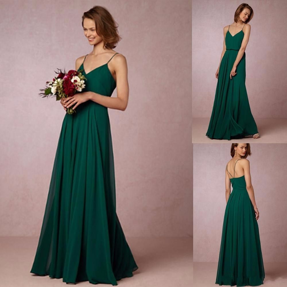 Cheap 2017 Dark Green Flow Chiffon Bridesmaid Dresses Spaghetti Straps