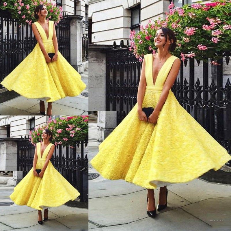 Yellow Sexy Plunging Neckline Prom Dress Applique Ruched Sleeveless ...