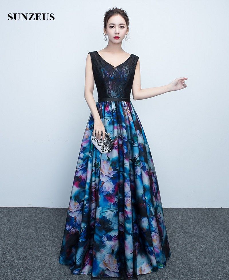 Elegant V Neck Long Party Dress Prints Flowers Colorful Formal Gowns