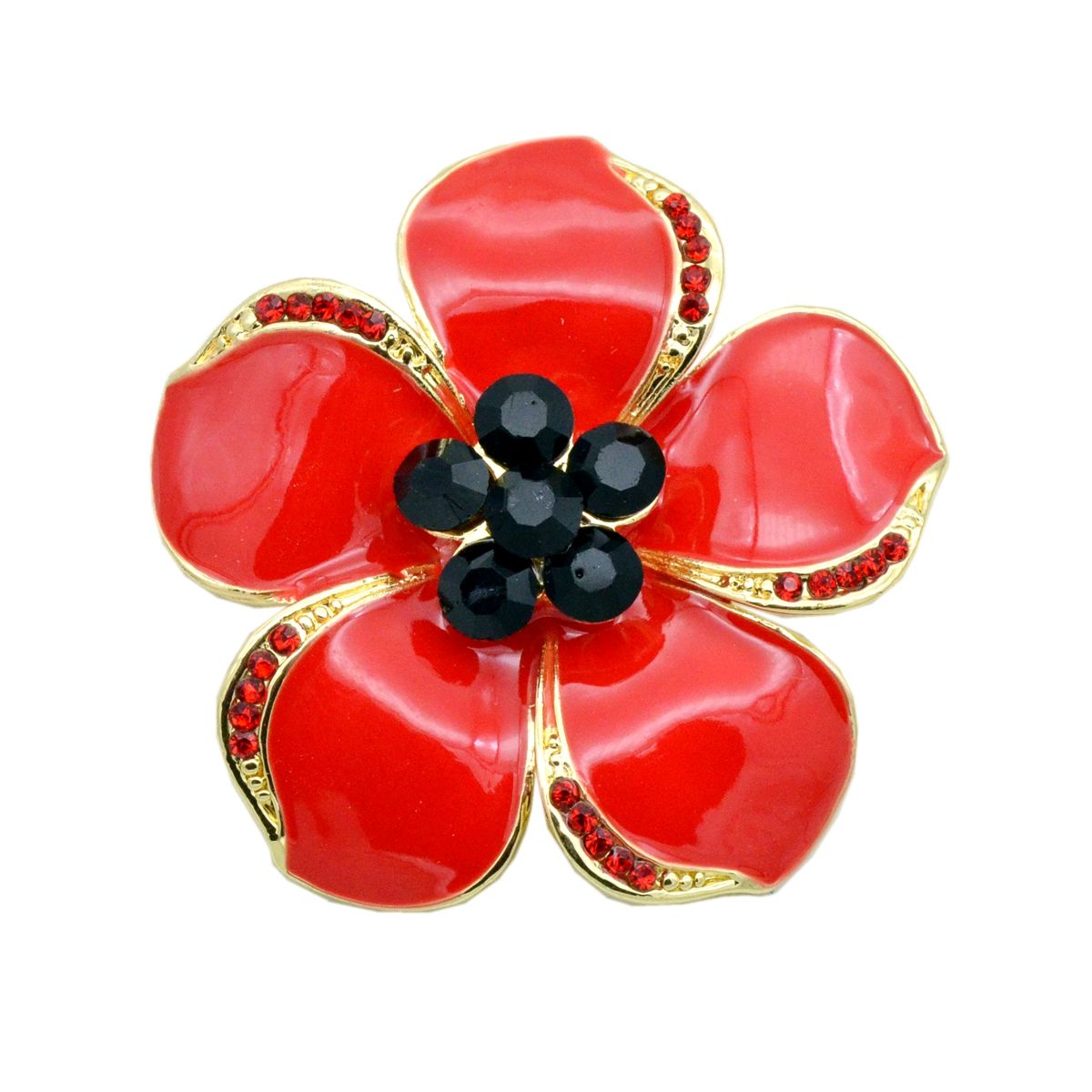 Tono Oro Rojo Rhinestone amapola Broche Pin