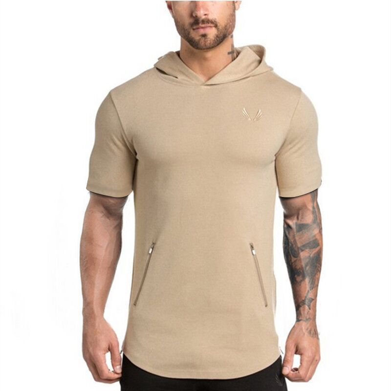 2017 Men'S Short Sleeve Hoodie Skinny Plain Gym Bodybuilding Work Out ...