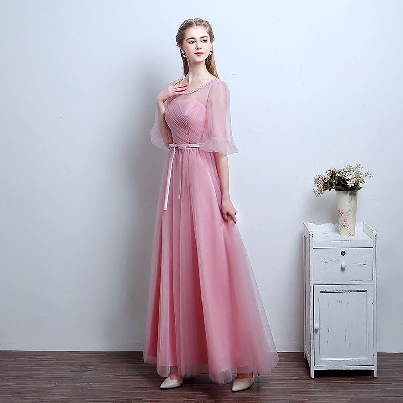 Modest Blush Pink Bridesmaid Dresses With Sleeves Off Shoulder Floor