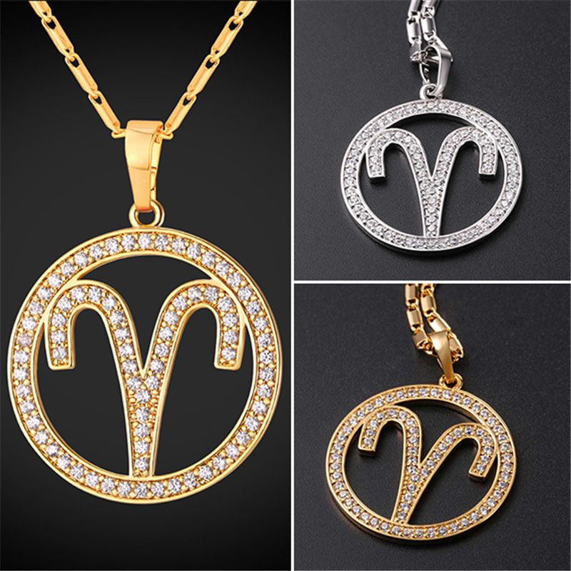 Whole U7 New Zodiac Charms Aries Pendant Necklace Simple Women Whole U7 New Zodiac Charms Aries Pendant Necklace Simple Women Men Jewelry Gift Rhinestone Gold Platinum Plated Perfect Gifts P2503