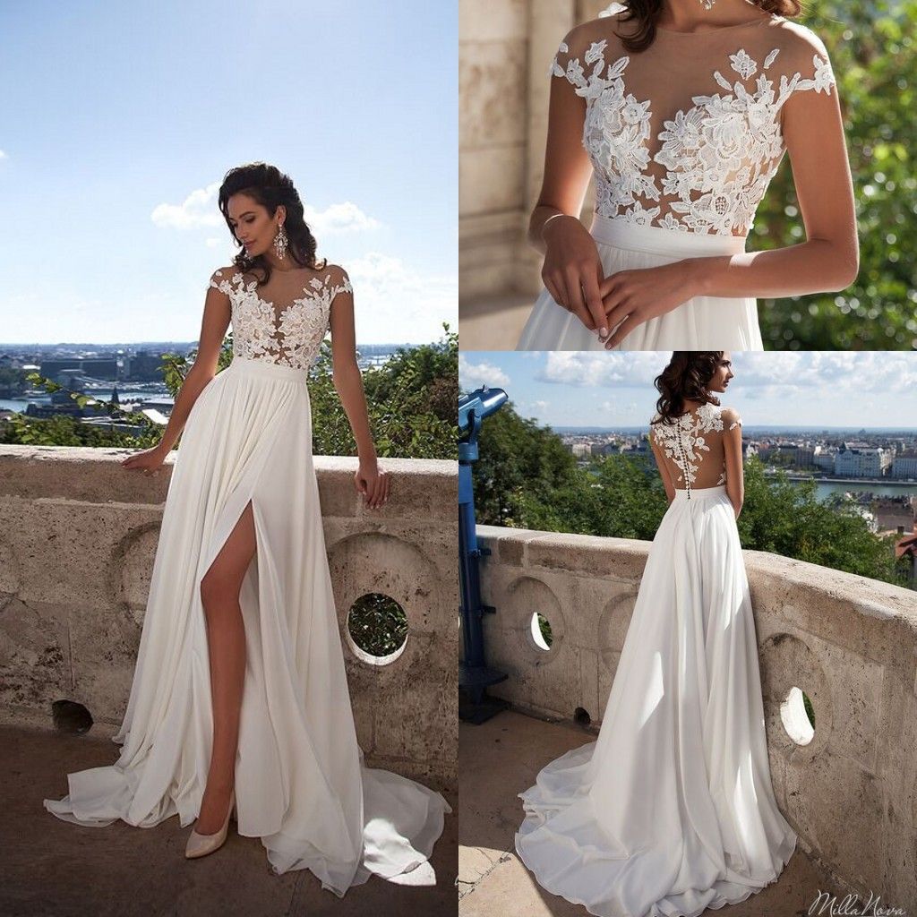 Discount 2019 Cheap Beach A Line Chiffon Wedding Dresses Sexy See