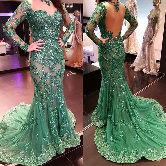 African Green Prom Dresses Mermaid Sheer Neckline Appliques Long ...