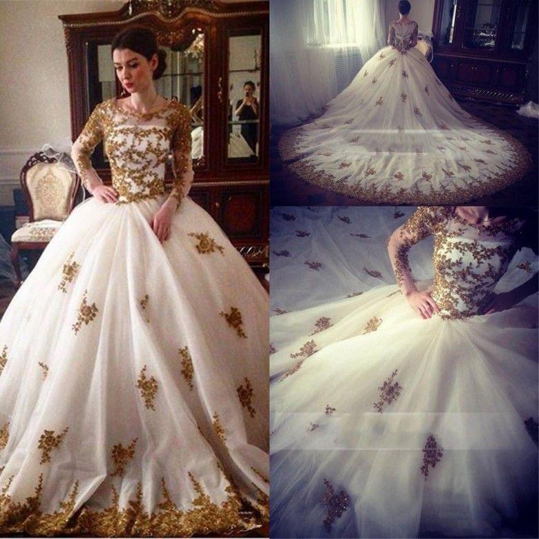 compre vestido de princesa ball blanco con apliques de oro vestidos