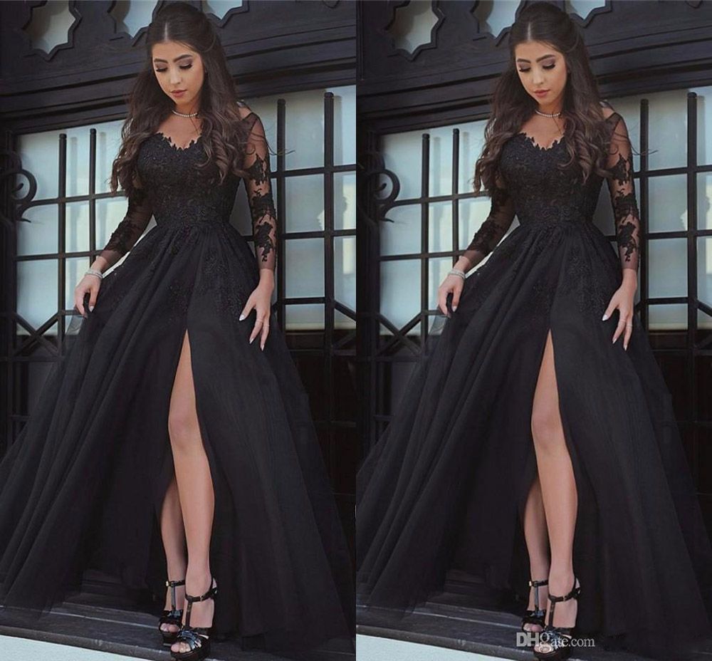 Compra Vestidos De Fiesta De Manga Larga Negros Apliques Tulle Pierna  Abierta Vestidos De Fiesta Formales Largos Vestidos De Noche De Fiesta De  Robe De Bal Vestidos De Dubai Barato | Entrega
