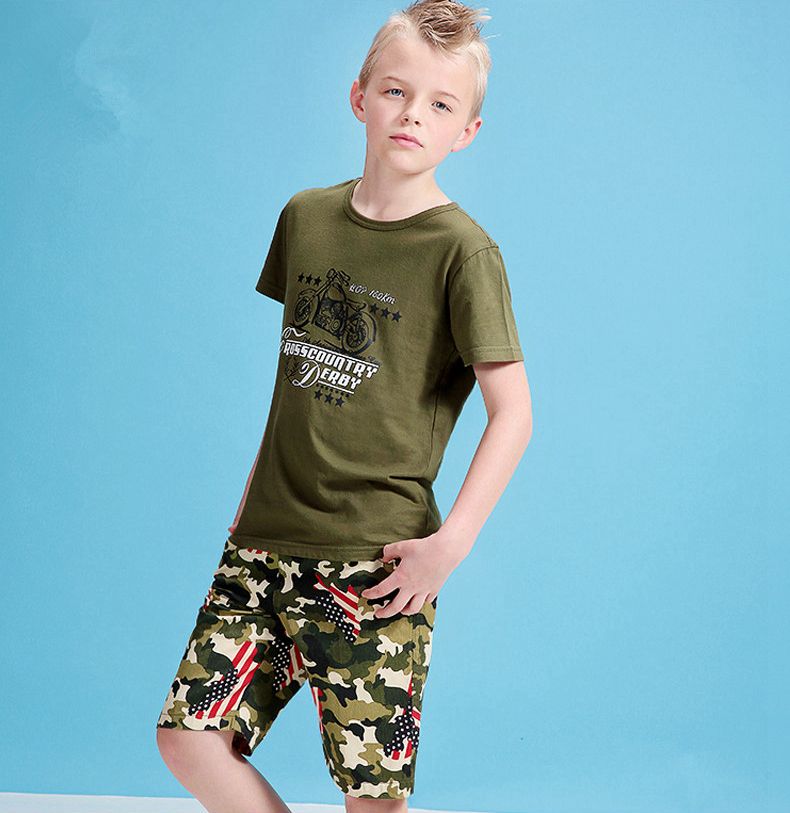 Summer Pretty Big Boy Clothes Stylish Green Camouflage Children Boys