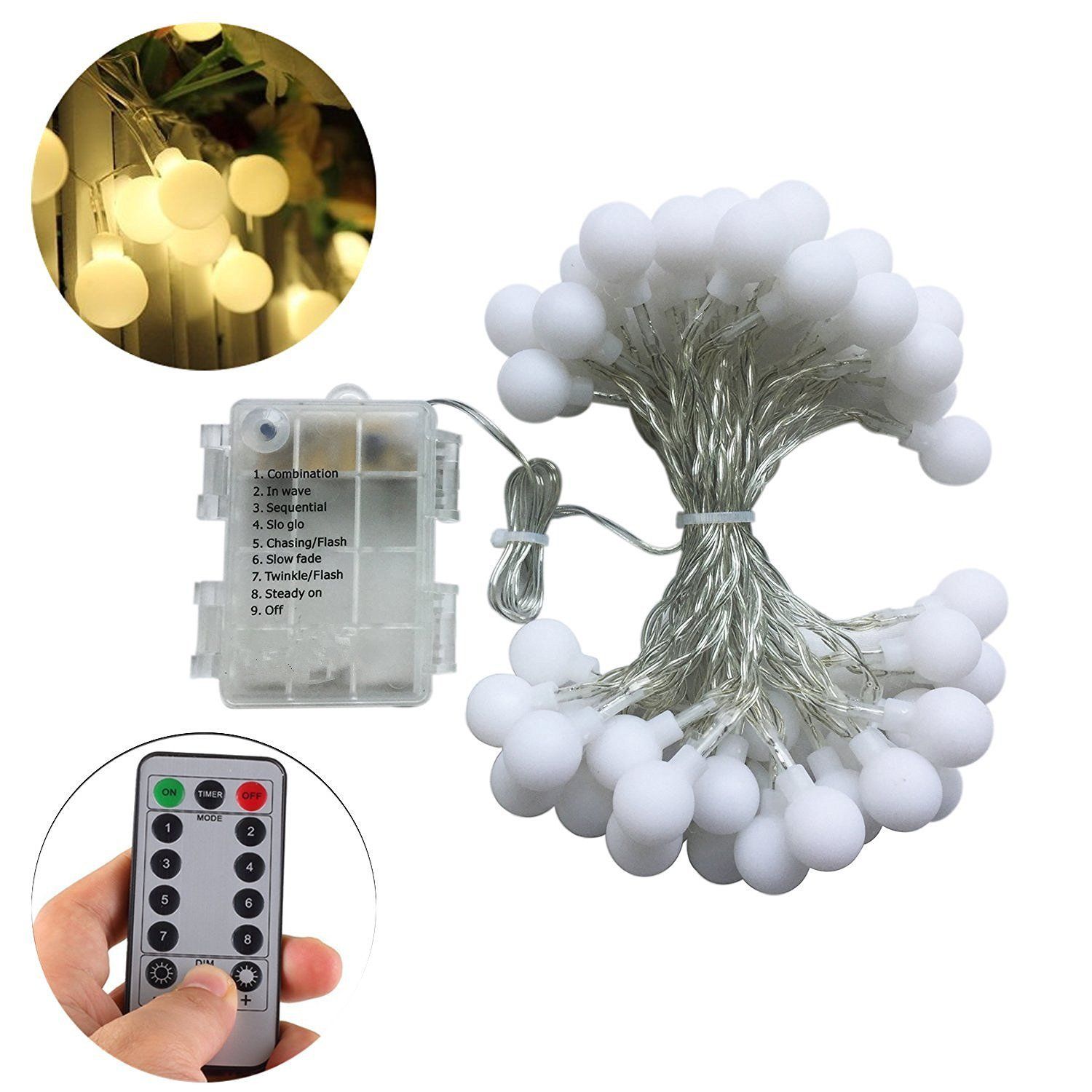 16 Feet 50 Led Outdoor Globe String Lights 8 Modes Battery Operated Frosted White Ball Fairy Light Dimmable Ip65 Waterproof