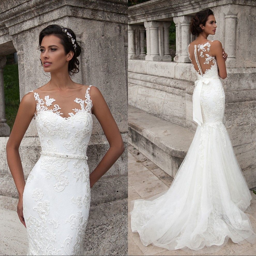 Ivory Lace Mermaid Wedding Dresses 2017 Sheer Illusion ...
