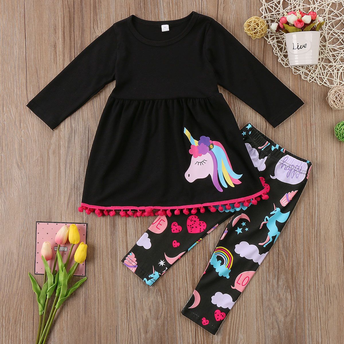 2020 Unicorn Kids Baby Girls Outfits Clothes T Shirt Tops Dress +Long