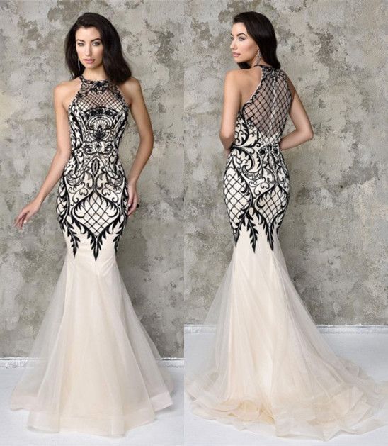 Ivory And Black Halter Prom Dress Fitted Formal Occasion Dress Prom