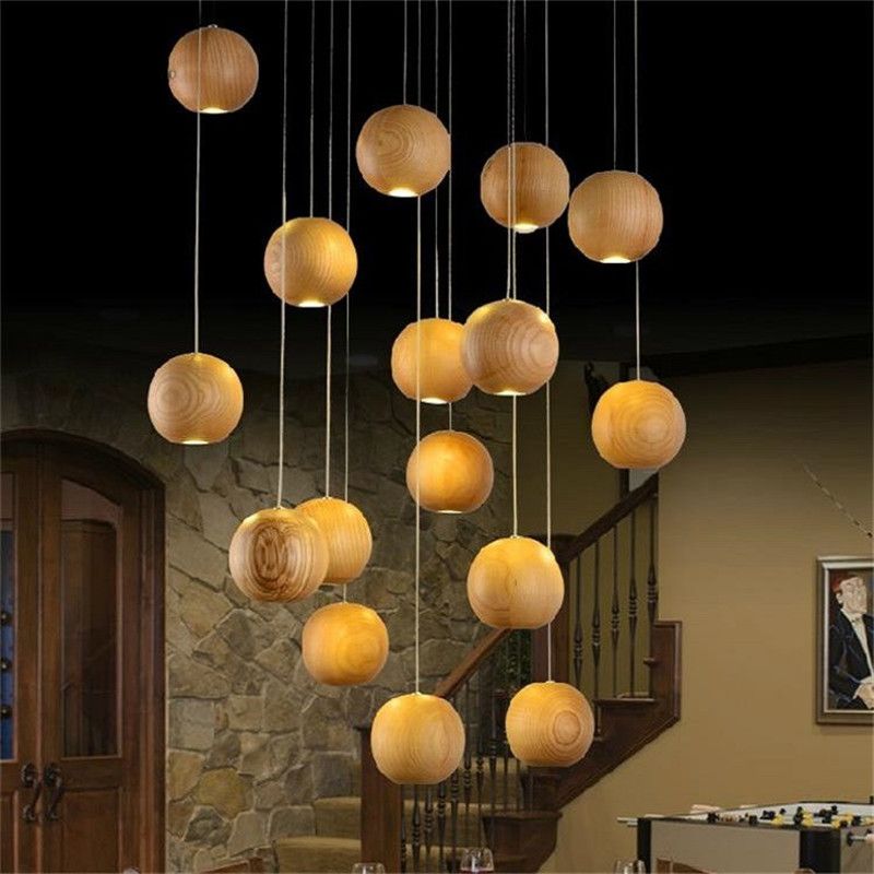 Modern Led Wood Chandelier Creative Wooden Ball Pendant Lamp Modern Led Wood Chandelier Creative Wooden Ball Pendant Lamp Light Meteoric Shower Stair Restaurant Ceiling Lamps