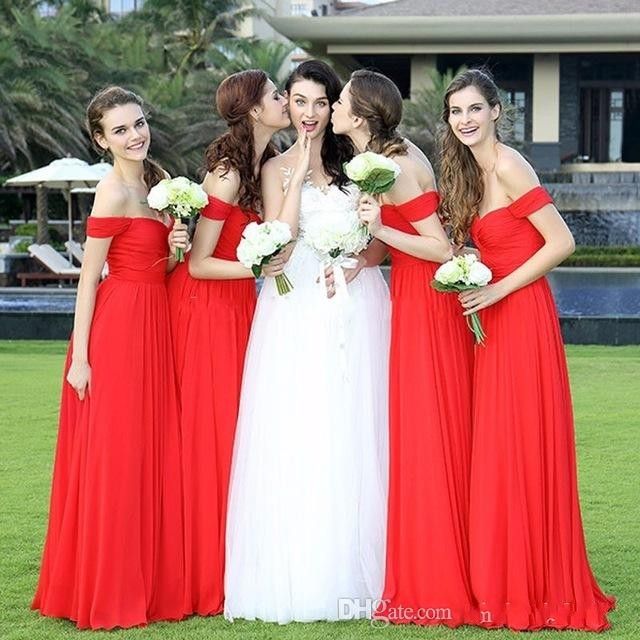 red bridesmaid dresses off the shoulder