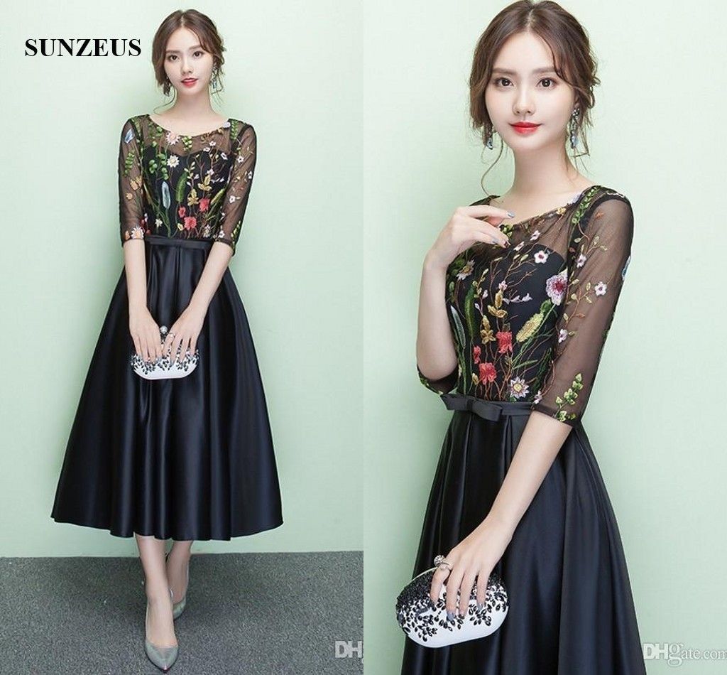 Evening Dresses with Sleeves Elegant Half Sleeve Tea Length Black ...