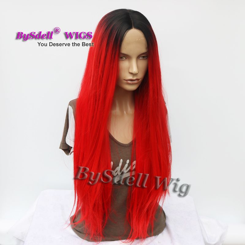 New Bright Red Color Hair Wig With Black Roots Synthetic Two Tone