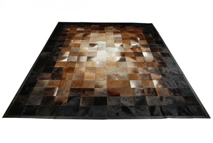 Beige Brown And Black Leather Area Rug Squares Design Patchwork Carpet