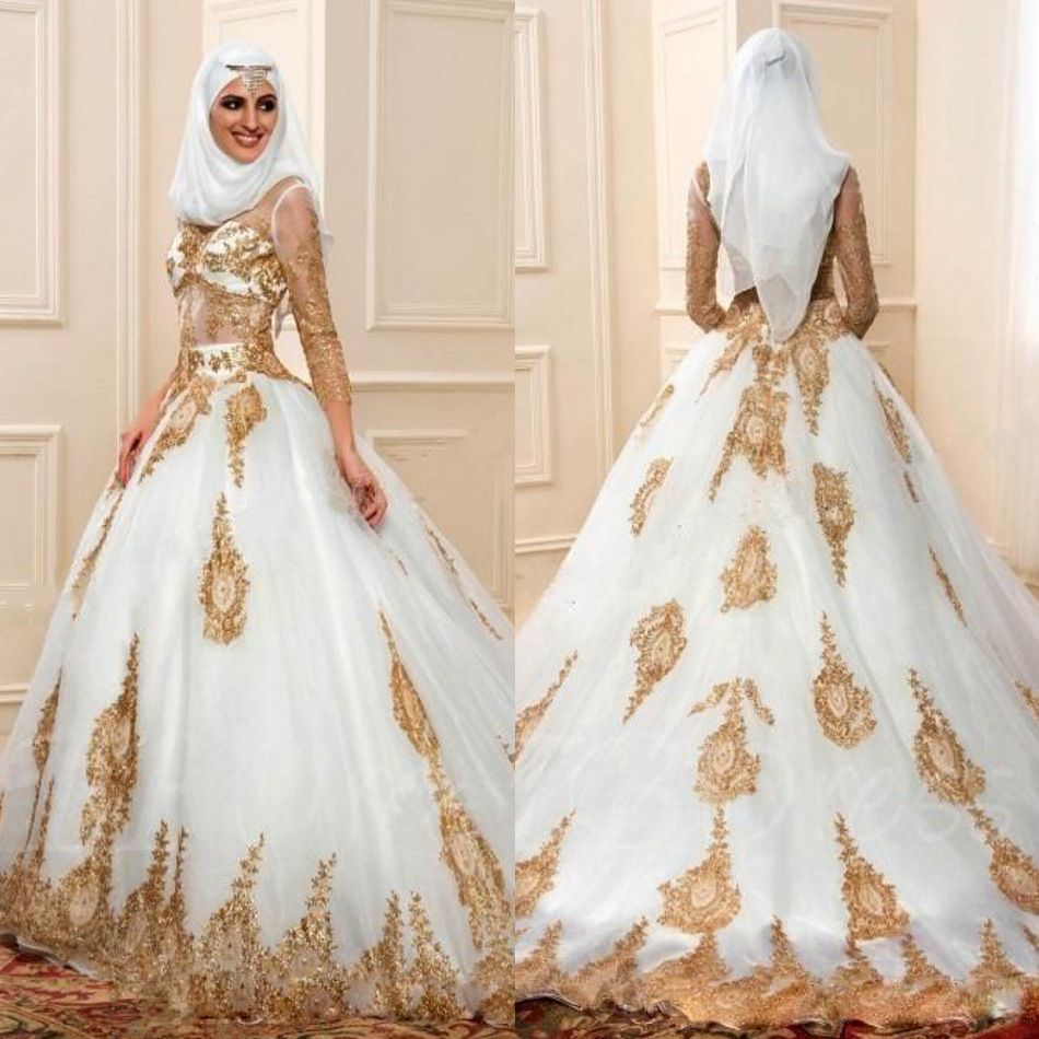 Discount Modern Muslim Wedding Dresses 3 4 Sleeves With Gold