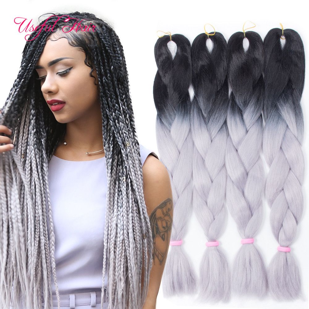 Ombre Grey Jumbo Braiding Hair Synthetic Two Tone Hair Color Black