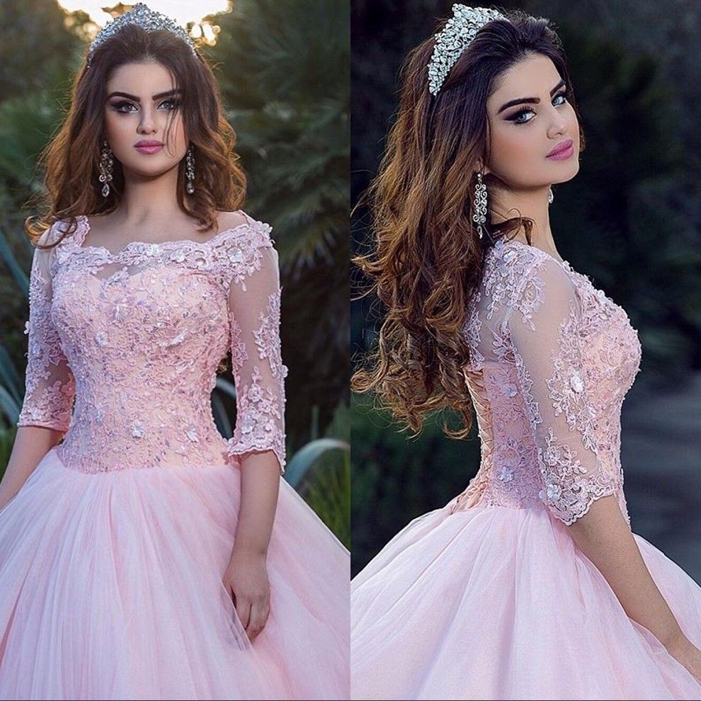  Pink  Lace  Long Sleeve  Quinceanera  Dresses  Square Neck 