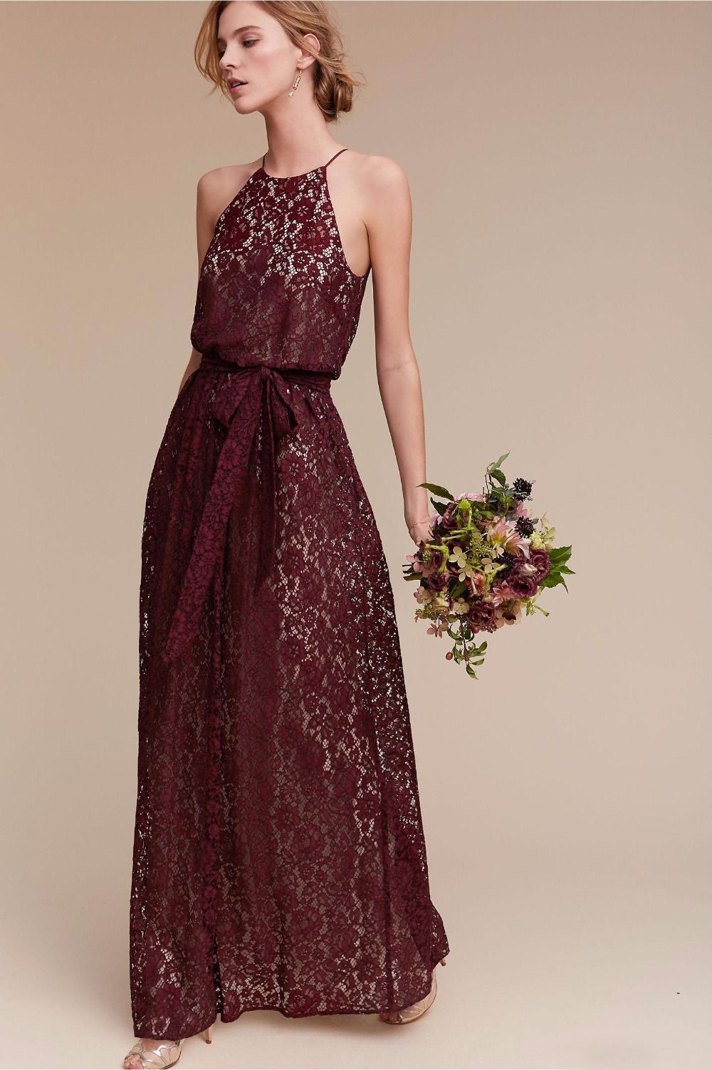Halter Neck Long Burgundy Bridesmaid Dresses Lace Maid Of Honor Dresses