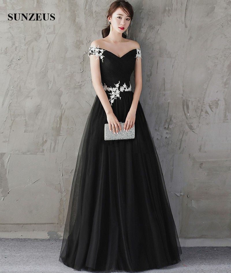 Acquistare Abiti Da Sera Lunghi Neri Eleganti Tulle A Line Con Scollo A V  Off Spalla Abiti Formali Appliques Bianchi Fiori Vestito Da Donna Le Donne  Abito Lungo Economico | Consegna Veloce