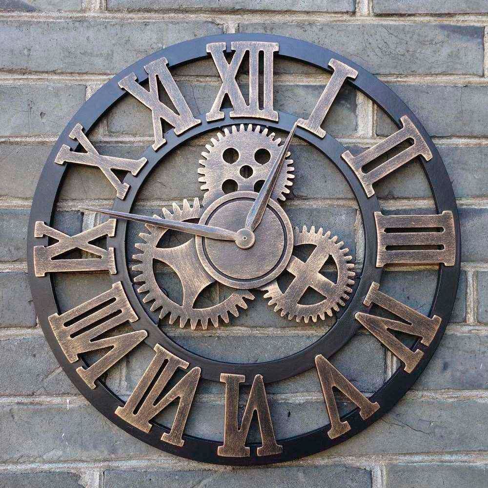 Handmade oversized 3d retro rustic decorative luxury art big gear wooden vintage large wall clock on the wall for gift 20 inches wall clocks black wall