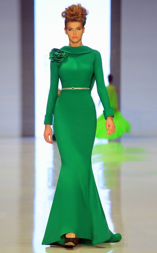 Long Sleeves Green Arabic Dubai Evening Dresses 207 Jewel Neckline ...