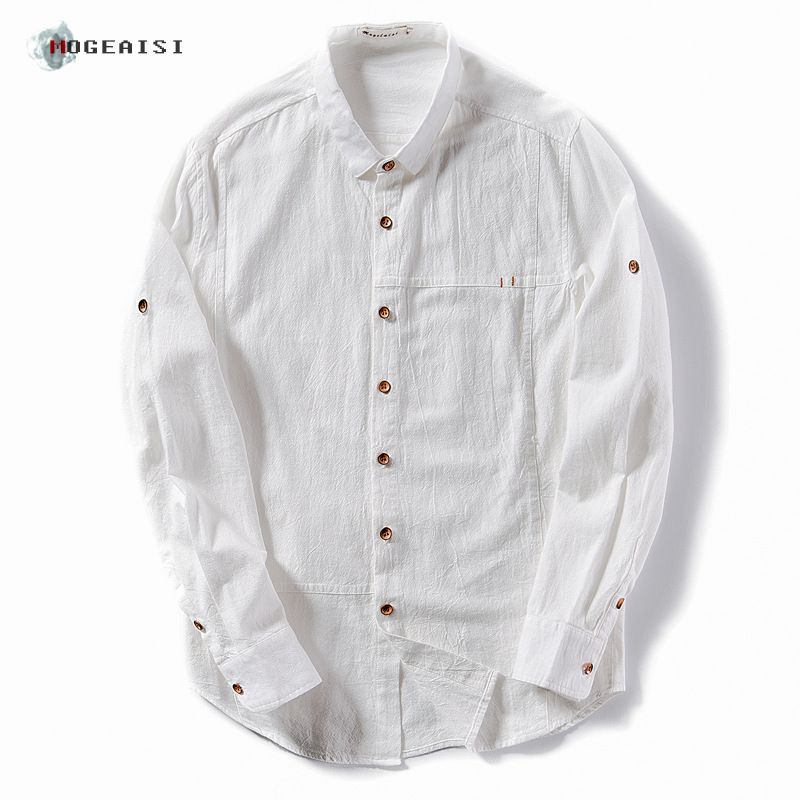 2022 Mens Cotton Linen Shirts Rolled Sleeves Summer Solid Cotton Shirt