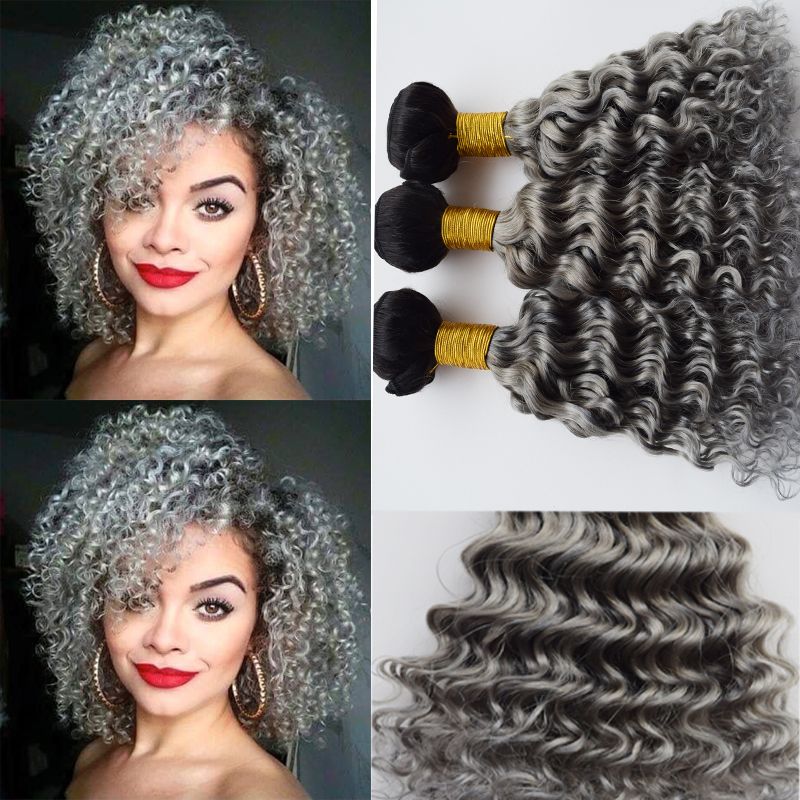Dark Root Grey Deep Wave Ombre Hair Weaves 1b Grey Ombre Brazilian Virgin Hair Weaves Deep Curly Two Tone Human Hair Extensions Best Hair Weave For