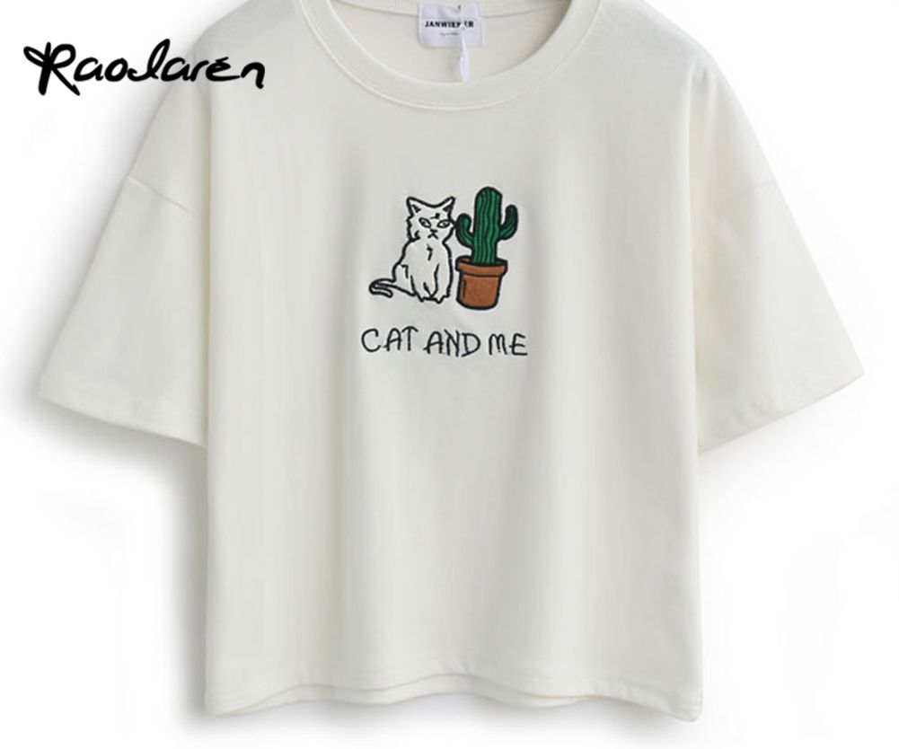 Raodaren Women T Shirt Cotton Crop Top Short Embroidery ...