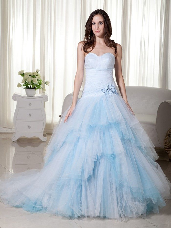 2017 New Ball Gown Light Blue Colorful Wedding Dresses Sweetheart Dropped Waist Long Tulle Non