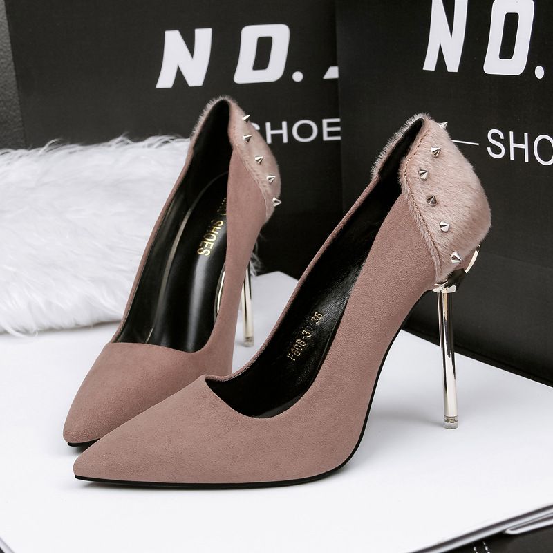 Rivets Lady Dress Shoes Women PU Leather Pointed Toe Thin High Heels ...