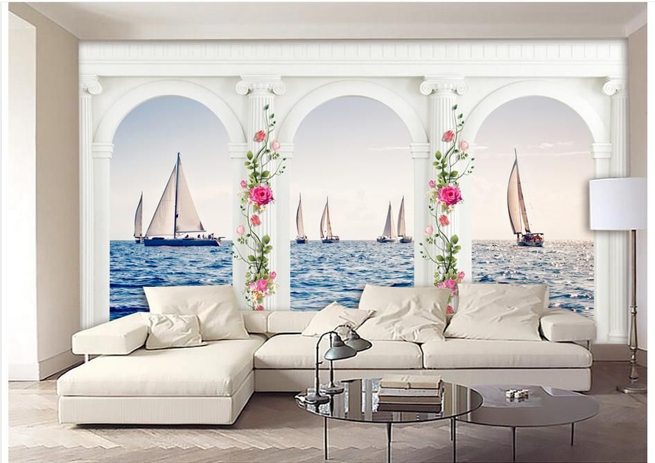 Compre Alta Calidad Personalizada 3d Foto Papel Tapiz Murales Papel De Pared Ambiente Columna Romana Vista Al Mar Velero 3d Sala De Estar Fondo De Pantalla A 22 34 Del A1048874333 Dhgate Com