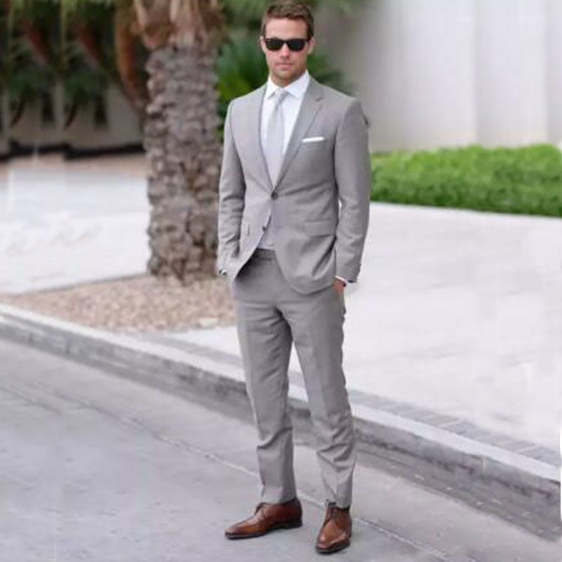 dark grey tux with brown shoes