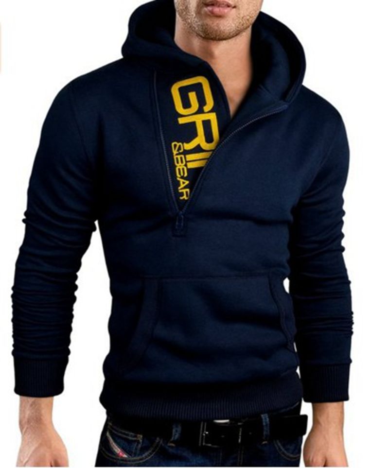 men zip decoration plain hooded sweatshirt